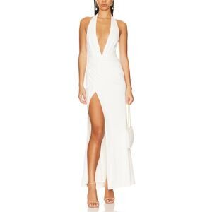 NBD White Halter Gown LARGE Marylyn Monroe Ruched Plunging Maxi Dress $288 NEW